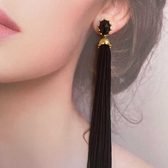 Kate Spade Flying Colors Tassel Statement Earrings 7 1/2" Black firm price - Picture 2 of 5